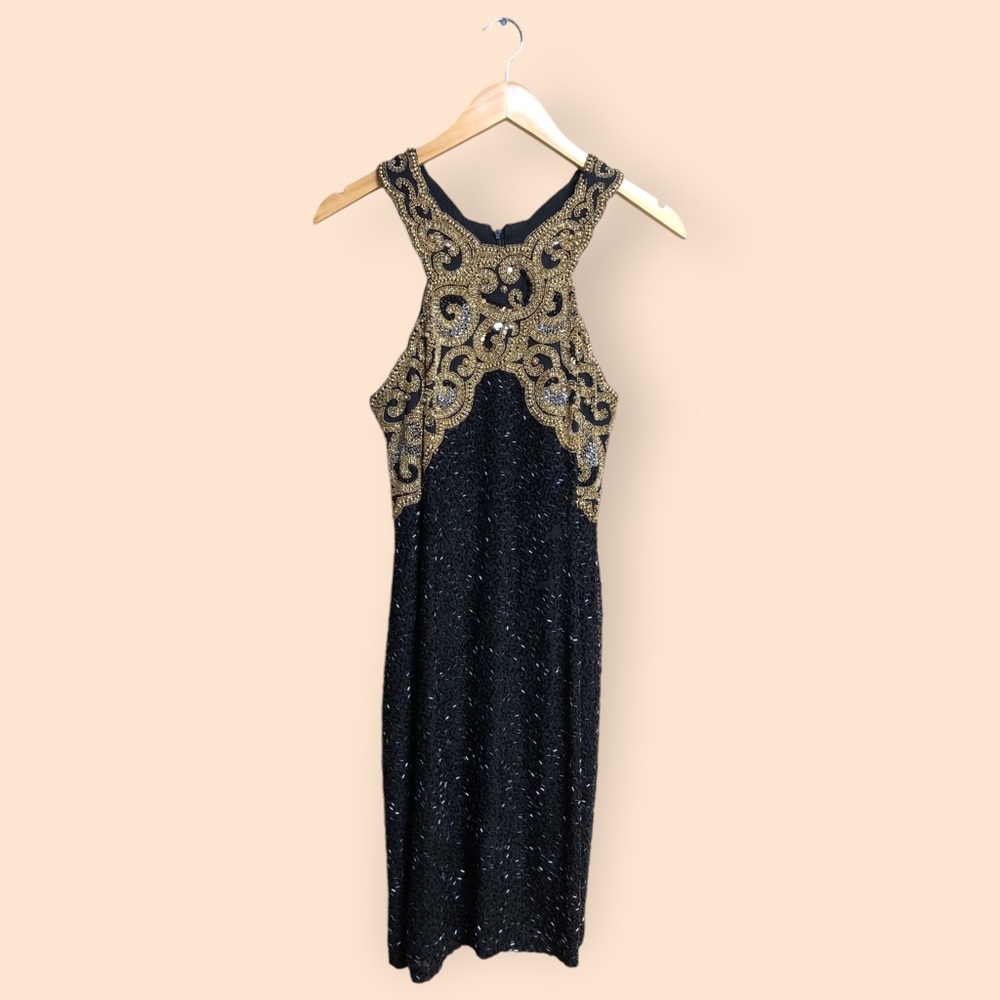 Vintage 80s/90s Oleg Cassini BlackTie Silk Beaded Sequined Formal Mini Dress 8P